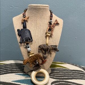 Handcrafted Wooden Animal Statement Necklace in Natural Tones